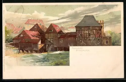 Künstler-Lithographie Otto Hammel: Hannover, Blick zur Klickmühle