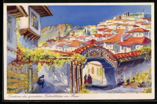 AK Bulagrisches Tabakdorf in Dupniza, Trocknen der geernteten Tabakblätter am Haus