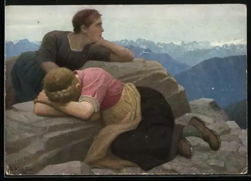 Künstler-AK Th. Walch: Verlorene Heimat Süd-Tirol, zwei Frauen auf Felsen, in die Ferne blickend und weinend