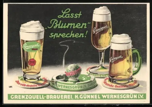 AK Wernesgrün, Brauerei-Werbung Grenzquell, Biergläser und brennende Zigarette