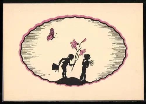 Künstler-AK Elsbeth Forck: Silhouette von einem Kobold, der einer Fee eine Blume überreicht