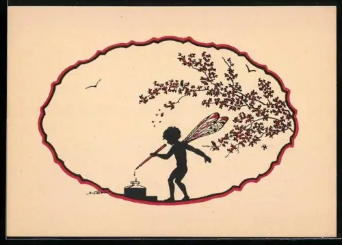 Künstler-AK Elsbeth Forck: Elfe mit Füller und Tintenfass