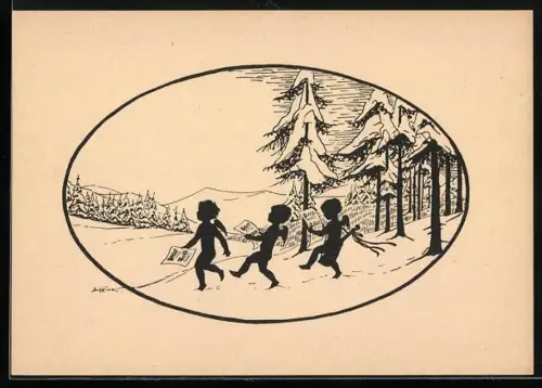 Künstler-AK Elsbeth Forck: Drei kleine Englein mit Lautengitarre im Schnee