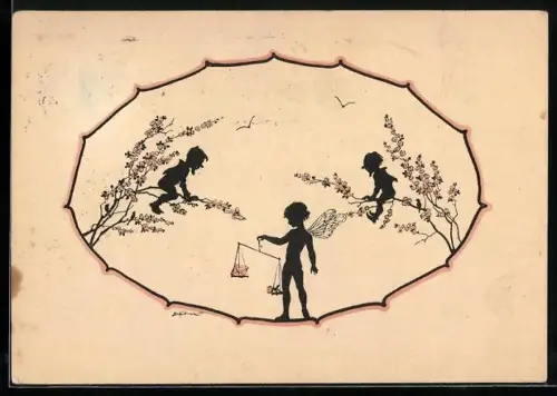 Künstler-AK Elsbeth Forck: Elf mit Waage und zwei Gnomen, Schattenbild