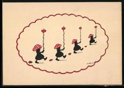 Künstler-AK Elsbeth Forck: Zwerge mit Fliegenpilzhaube und durchbohrte Herzen am Stab