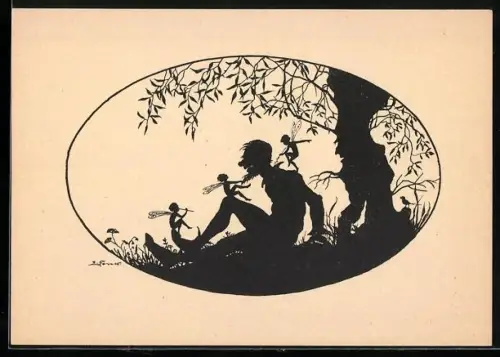 Künstler-AK Elsbeth Forck: Elfen bei einem Mann unter einem Baum, Schattenbild