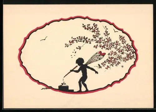 Künstler-AK Dörfel: Elfe taucht Schreibfeder in das Tintenfass