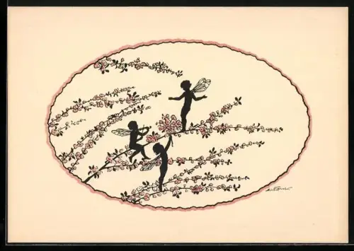 Künstler-AK Elsbeth Forck: Elfen musizieren im Baum, Schattenbild