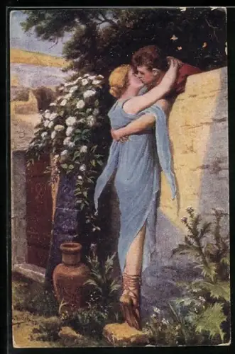 Künstler-AK sign. H. Hirsch: Römisches Paar küsst sich an einer Mauer