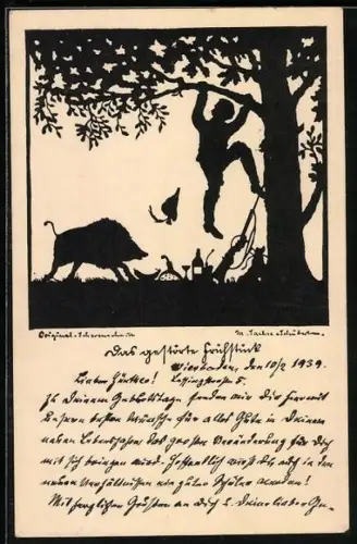 Künstler-AK Marta Sachse-Schubert: Eber jagt Jäger, Scherenschnitt