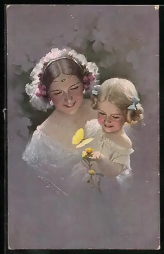 Künstler-AK Ludwig Knoefel: Junge Dame mit Mädchen auf dem Arm