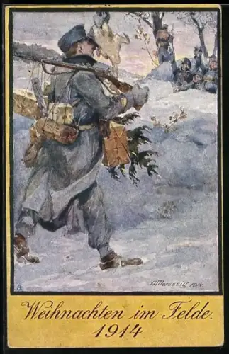 Künstler-AK Anton Marussig: Weihnachten im Felde 1914, Soldat mit Paketen