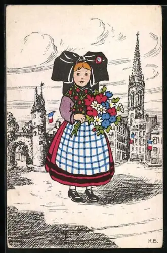 Künstler-AK Mülhausen, Mädchen in elsässer Tracht