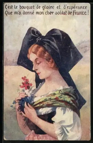 AK Propaganda, Cest le bouquet de gloire et d'esperance, Que m'a donne mon cher soldat de France, frz. Trachtenmädchen