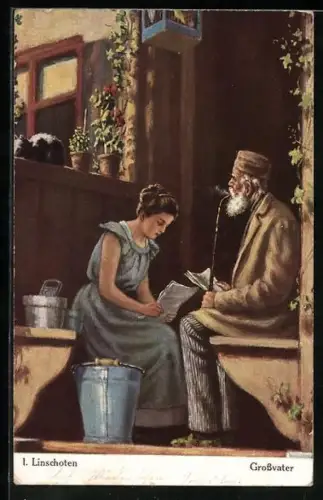 AK Rauchender Grossvater liest mit seiner Enkelin Zeitung