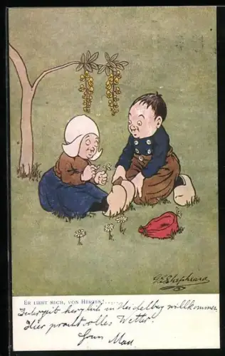 Künstler-AK George Edward Shepheard: Er liebt mich von Herzen!..., Holländerin mit einer Blume