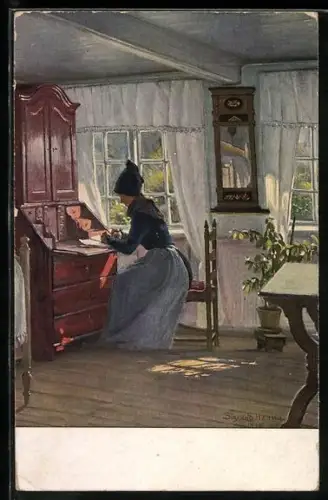 Künstler-AK Sigvard Hansen: Frau in Tracht schreibt einen Brief am Schreibtisch