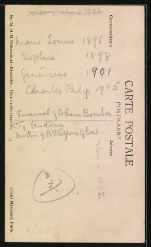 AK L. L. A. A. R. R. Mgr. le Duc, Mme. la Duchesse de Vendôme et les Princesses Marie Louise et Geneviève d`Orléans