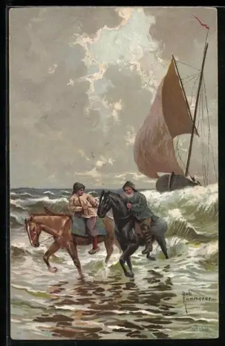 Künstler-AK Robert Kämmerer: Seemänner auf Pferden ziehen ihr Segelboot ans Land