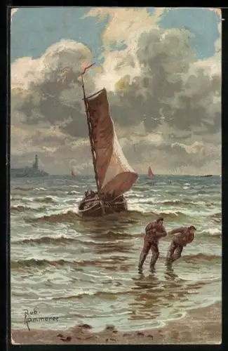 Künstler-AK Robert Kämmerer: Fischer ziehen ihr Boot zum Strand
