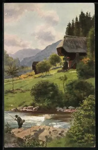 Künstler-AK H. Hoffmann: Wolfach, Hütte am Waldrand, Angler am Fluss