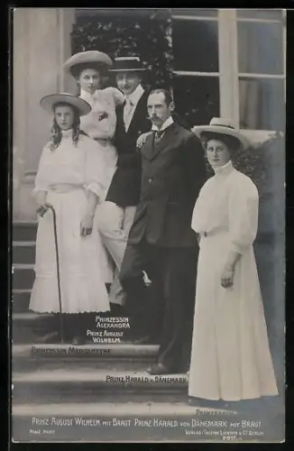 AK Prinz August Wilhelm mit Braut und Prinz Harald von Dänemark mit Braut