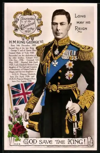 AK König George VI. von England in Uniform, britische Flagge, Souvenir of the Coronation 1937