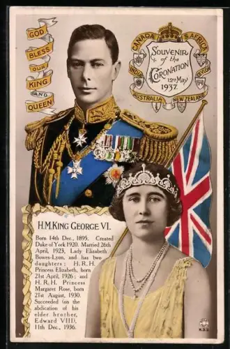 AK Coronation of H.M. King George VI. 12.05.1937, Lady Elizabeth Bowes-Lyon, König in Uniform, Union Jack