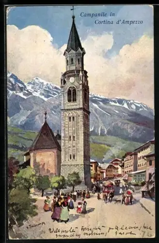 Künstler-AK Hans Treiber: Cortina d`Ampezzo, Campanile