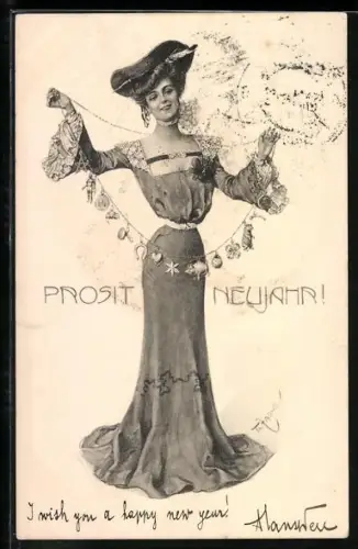 Künstler-AK Theo Zasche: Elegante Dame mit Girlande, Prosit Neujahr