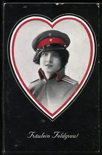 AK Frau in Soldatenuniform im herzförmigem Passepartout, Fräulein Feldgrau
