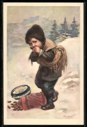 AK Kaiser`s Brust-Caramellen, Reklame, Kind im Schnee