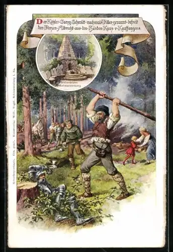 AK Fürstenbrunn, Köhler Georg Schmidt befreit Prinz Albrecht aus den Händen Kunz v. Kauffungens, Denkmal