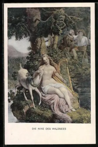 Künstler-AK sign. F. I. Götzenberger: Die Nixe des Wildsees mit Harfe und Reh, Schwarzwaldsage