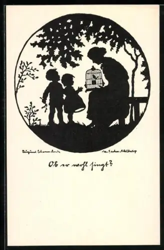 Künstler-AK M. Sachse-Schubert: Ob er wohl singt?, Vogel im Käfig, Schattenriss