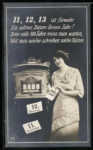 AK 11.12.1913, Frau mit Kalenderblättern an einem Briefkasten