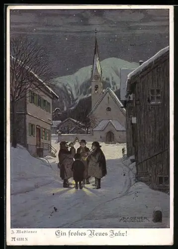 Künstler-AK Josef Madlener: Strassenmusiker auf einer verschneiten Strasse vor einer Kirche, Neujahrsgruss