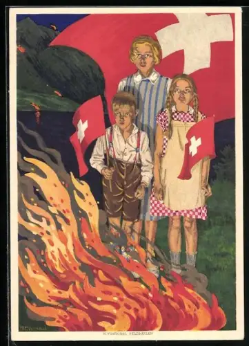 AK Bundesfeier 1930, Für bedürftige Schweizerschulen im Ausland, Kinder mit Flaggen am Lagerfeuer