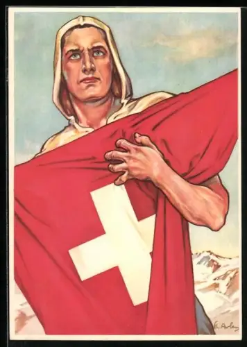 Künstler-AK Schweizer Bundesfeier 1941, 650 Jahre Eidgenossenschaft, energische Frau mit Fahne