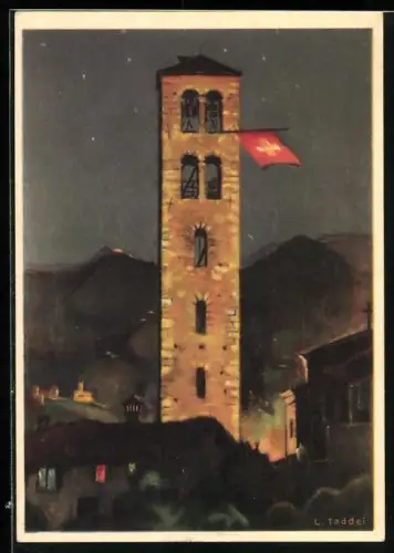 Künstler-AK Schweizer Bundesfeier 1938, Turm mit Schweizer Flagge