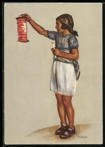 Künstler-AK Schweizer Bundesfeier 1942, Samariter und Nationalspende, Mädchen mit Laterne