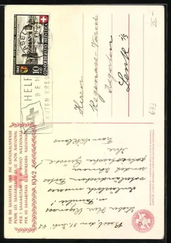 Künstler-AK Schweizer Bundesfeier 1942, Samariter und Nationalspende, Mädchen mit Laterne