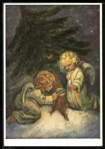 Künstler-AK Maria Spötl: Zwei Engelchen fällen einen Weihnachtsbaum