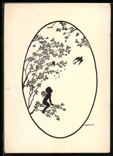 Künstler-AK Elsbeth Forck: Kleine Elfe sitzt auf einem Ast und beobachtet eine Schwalbe