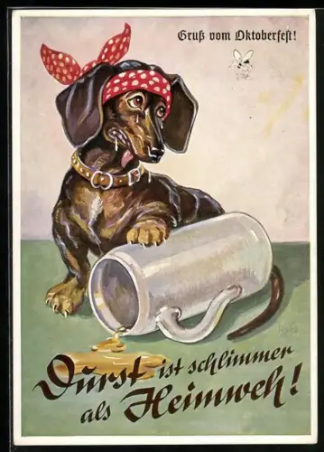 AK Dackel mit Stirnband und Bierkrug