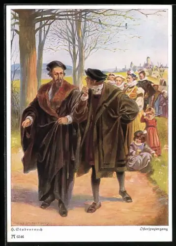 Künstler-AK sign. H. Stubenrauch: Faust, Osterspaziergang, zwei Herren im Gespräch