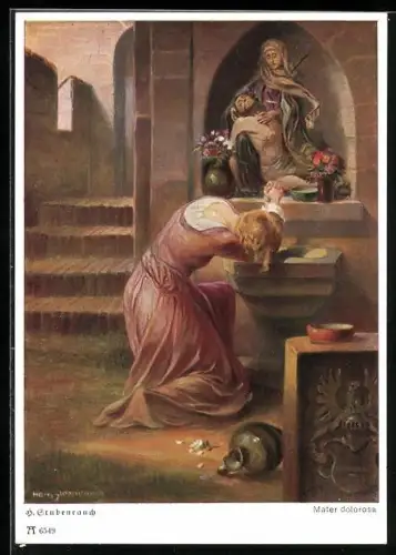 Künstler-AK sign. H. Stubenrauch: Mater Dolorosa, betende Frau vor einem Wandbildnis