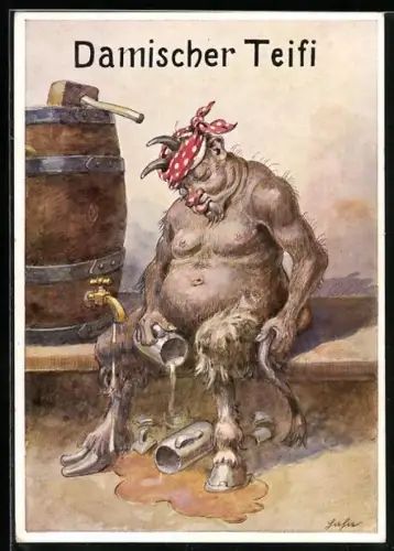 AK Damischer Teifi, ein betrunkener Teufel sitzt neben dem Bierfass, mit Stempel des Münchener Hofbräuhauses