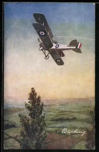 Künstler-AK Englisches Doppeldecker-Flugzeug im Flug