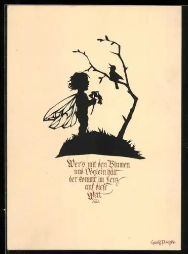 Künstler-AK Georg Plischke: Wer`s mit den Blumen und Vöglein hält..., Feenkind und ein Singvogel